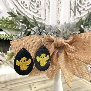 Halloween Earrings Black Faux Leather Dangle Earrings Gold Glitter Ghosts